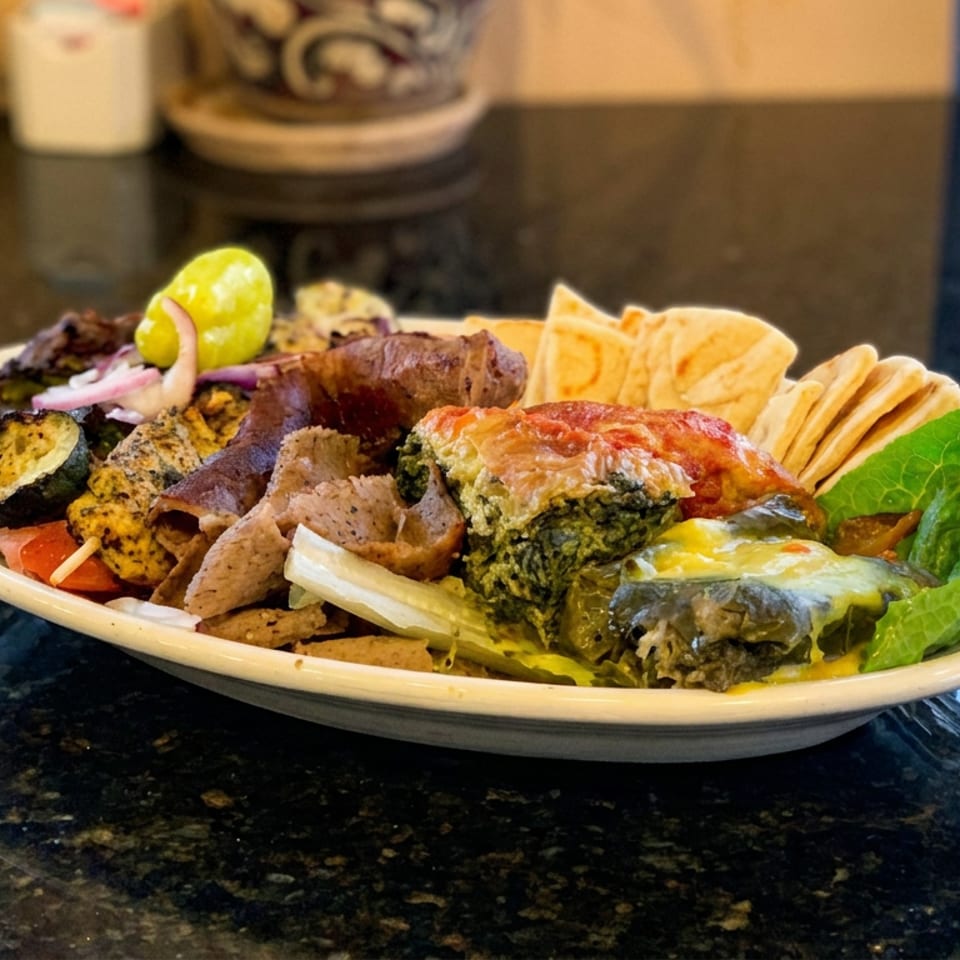 Platter of grilled meats and vegetables with hummus, pita chips, pickled onions, lime, and lettuce on a restaurant counter.