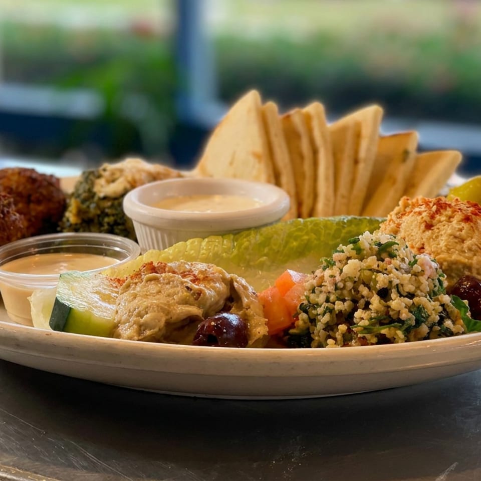 Mediterranean mezze platter with hummus, falafel, tabbouleh, vegetables, pita chips, olives, and dipping sauces on a restaurant table.